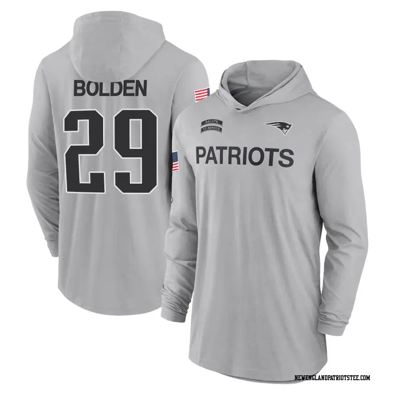 Men's New England Patriots ＃29 Isaiah Bolden Gray 2024 Salute to Service Lightweight Performance Long Sleeve Hooded T-Shirt