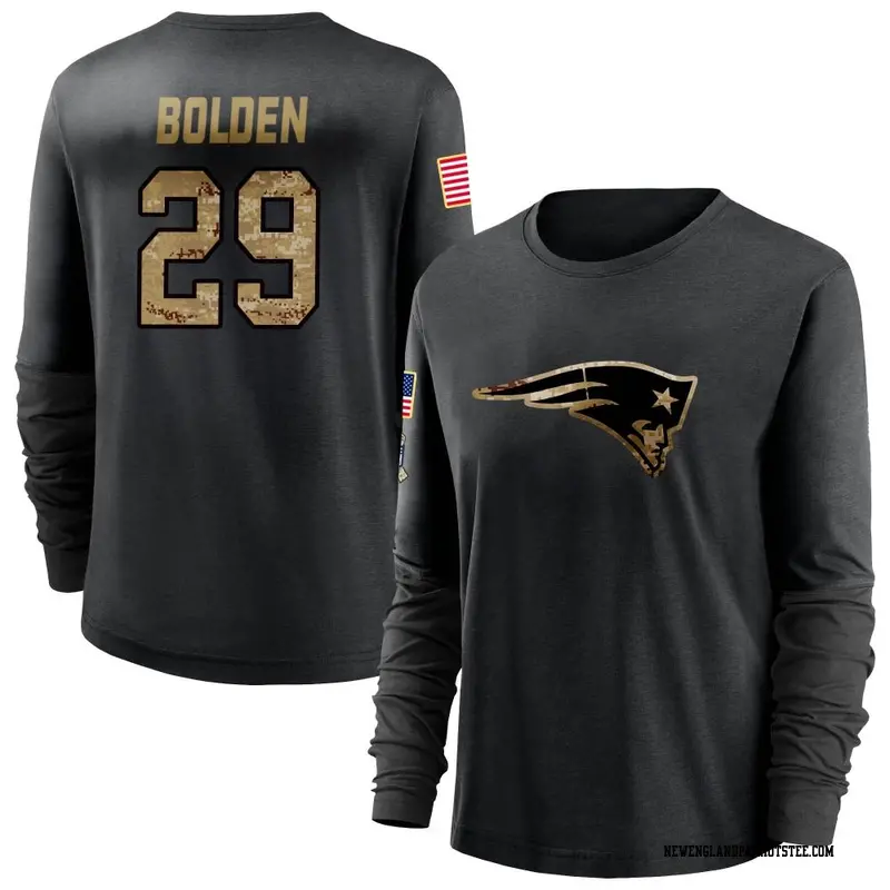 Women's New England Patriots ＃29 Isaiah Bolden Black 2020 Salute To Service Sideline Performance Long Sleeve T-Shirt