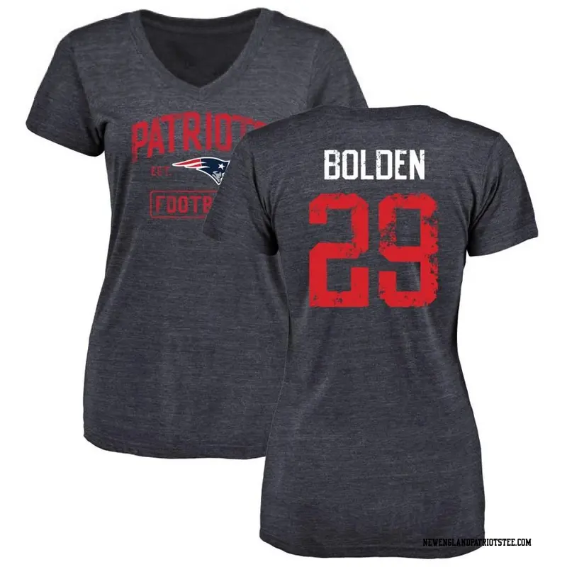 Women's New England Patriots ＃29 Isaiah Bolden Navy Distressed Name & Number V-Neck T-Shirt