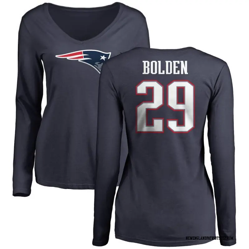 Women's New England Patriots ＃29 Isaiah Bolden Navy Name & Number Logo Slim Fit Long Sleeve T-Shirt