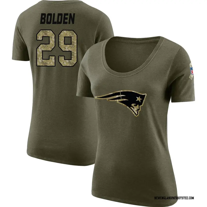 Women's New England Patriots ＃29 Isaiah Bolden Olive Salute to Service Scoop Neck T-Shirt