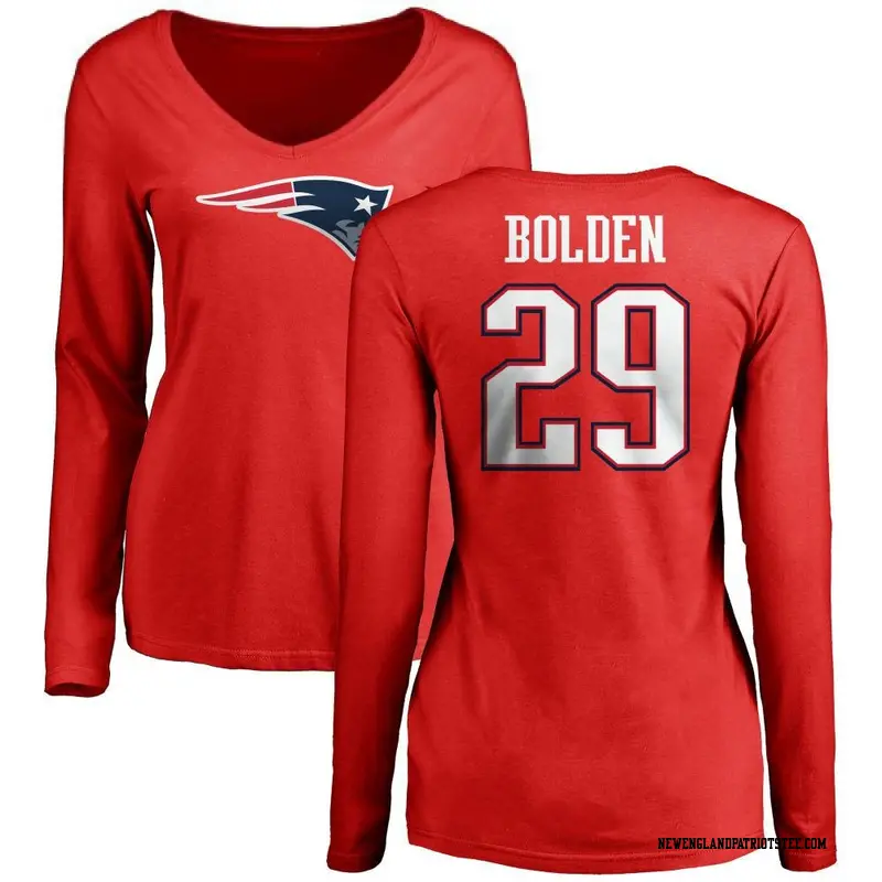 Women's New England Patriots ＃29 Isaiah Bolden Red Name & Number Logo Slim Fit Long Sleeve T-Shirt