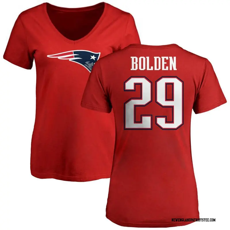 Women's New England Patriots ＃29 Isaiah Bolden Red Name & Number Logo Slim Fit T-Shirt